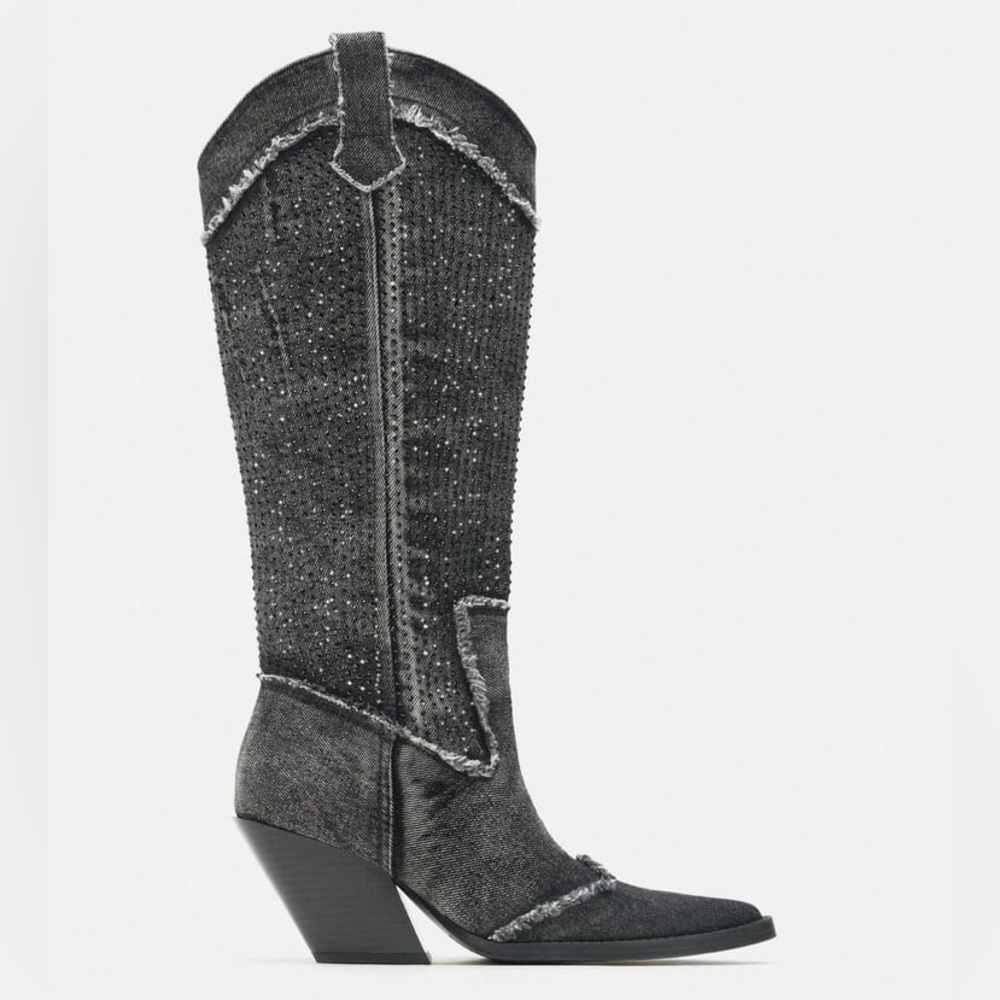 Zara Rhinestone Denim Cowboy Boots